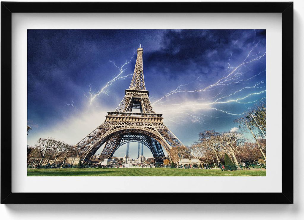 Eiffelturm, Blitze und Gewitter– Wandbild mit Rahmen – Gerahmtes Bild – Wanddekoration – 60x40 cm – Schwarz Rahmen