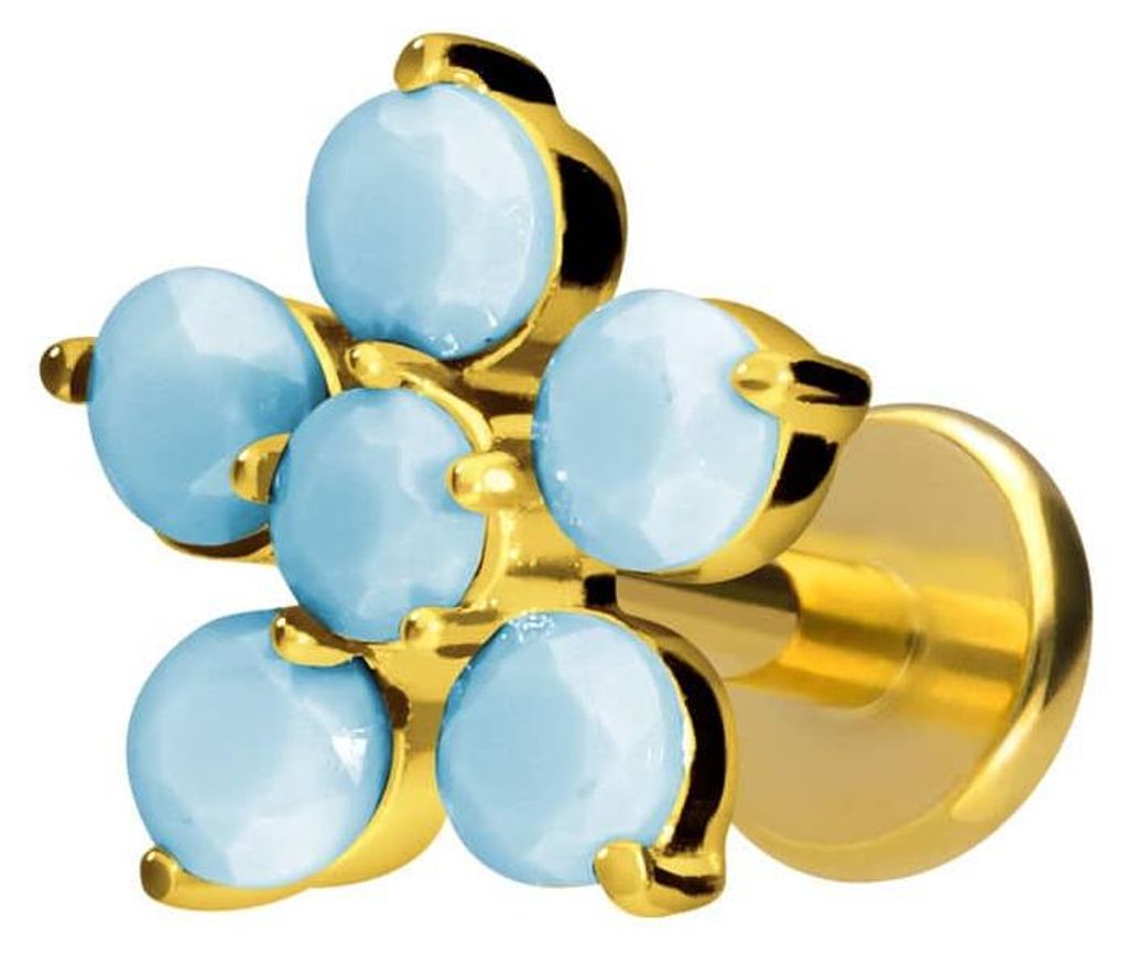 Ohrpiercing, Nasenpiercing Titan Labret mit Innengewinde BLUME + SYNTHETISCHE TÜRKISE Gold Stablänge: 6mm | Stabstärke: 1,2mm