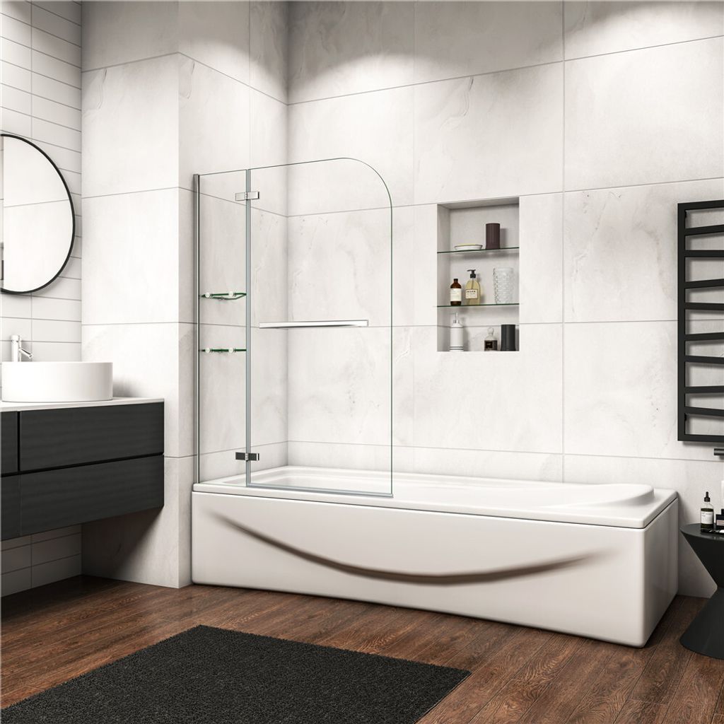 90x140cm Badewannenaufsatz 2 tlg.Duschwand für Badewanne 5mm ESG duschabtrennung mit Handtuchhalter Eckeregalen