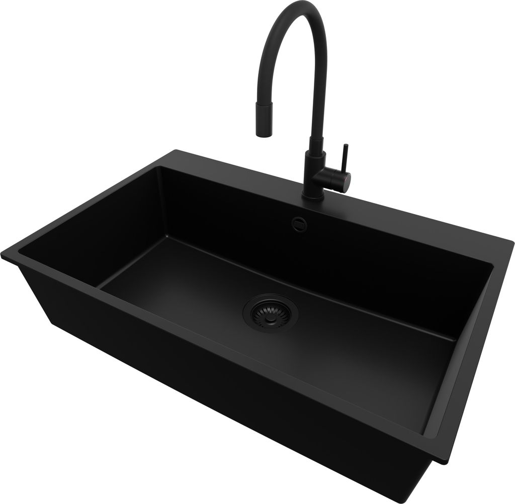A black kitchen sink with a black faucet against a white background.
