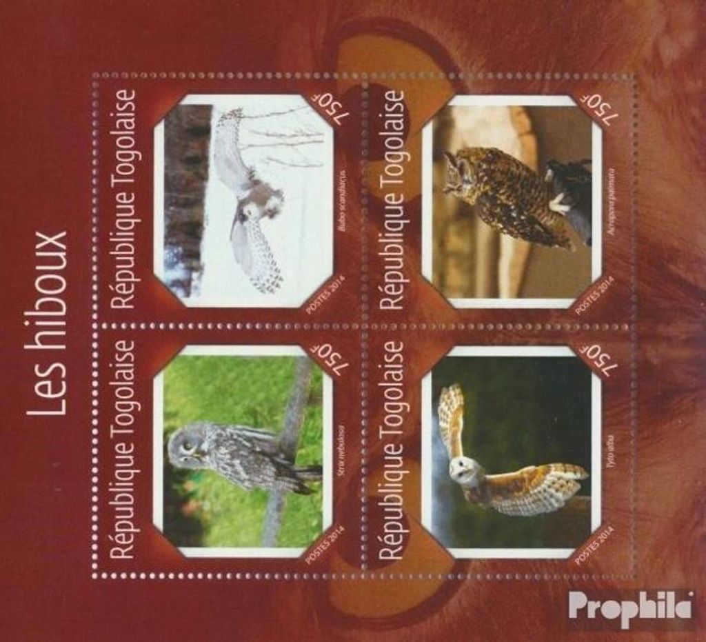 Briefmarken Togo 2014 Mi 6290-6293 Kleinbogen (kompl. Ausgabe) postfrisch Eulen