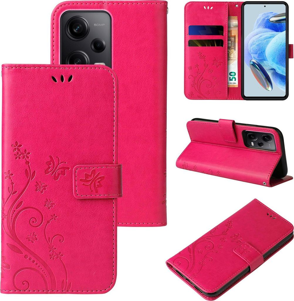 Handyhülle für Xiaomi Redmi Note 12 Pro 5G Floral Blumen Schmetterling Flip Cover Hülle Case Klapphülle Handytasche Farbe: Pink