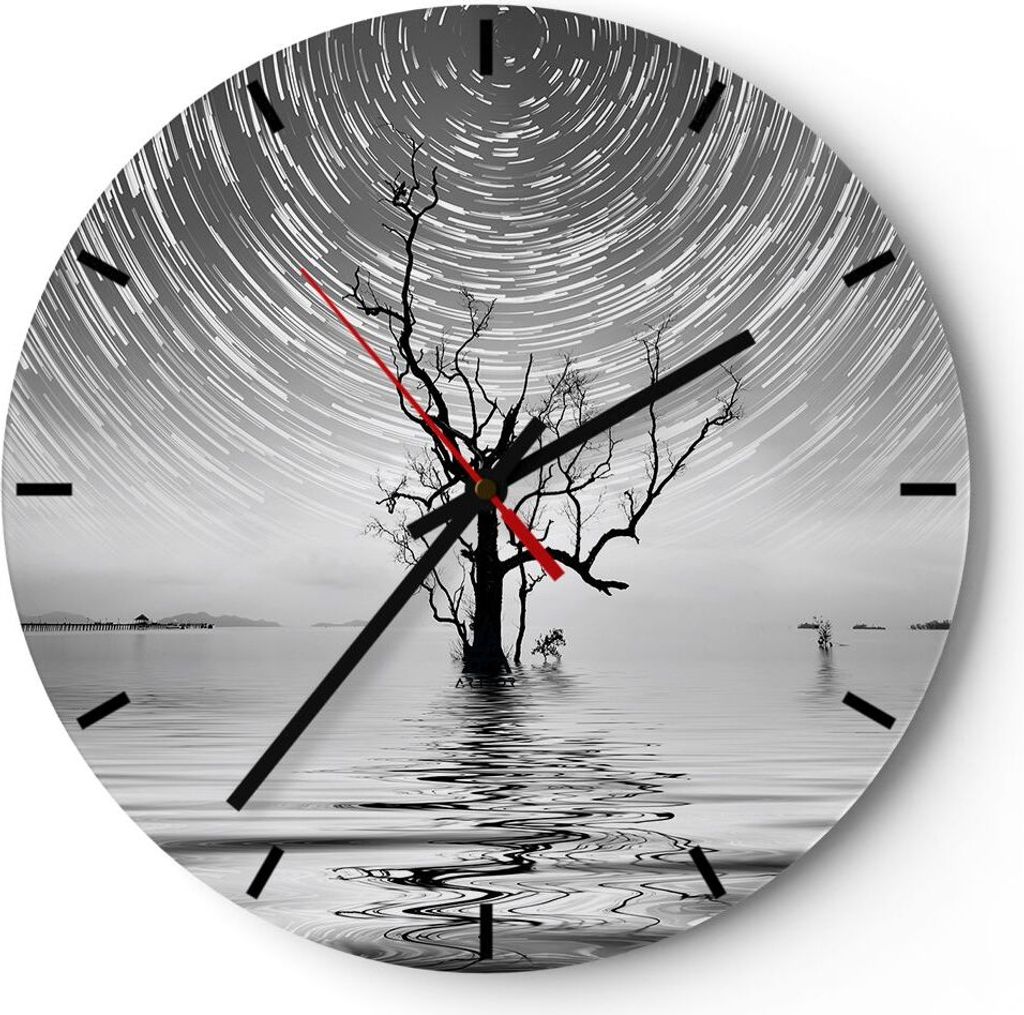 Wanduhr - Rund - Glasuhr - Schwarzweiß Baum See - 40x40cm - Schleichendes Uhrwerk - Lautlos - zum Aufhängen bereit - Dekoration Modern - Wanddeko...