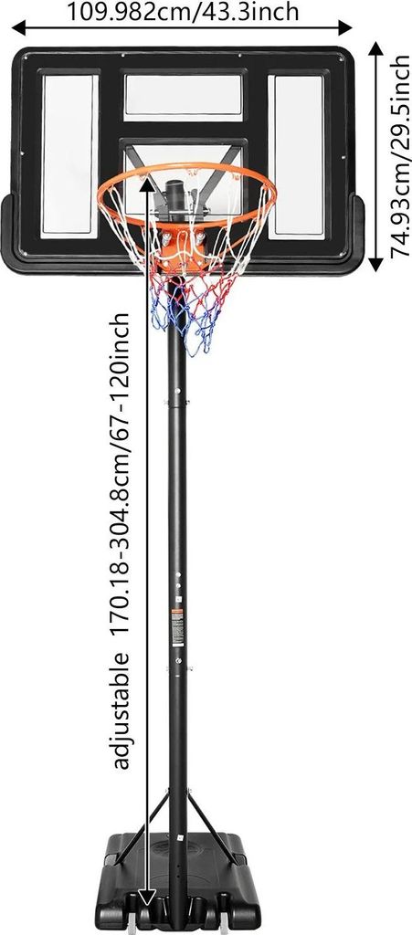Basketballkorb - Mobiler Ständer - Höhenverstellbar 1,7–3,05 m - Ring Ø 45 cm - Backboard 110×74,93 cm - Rohr Ø 6,6 cm - Für Kinder & Erwac...