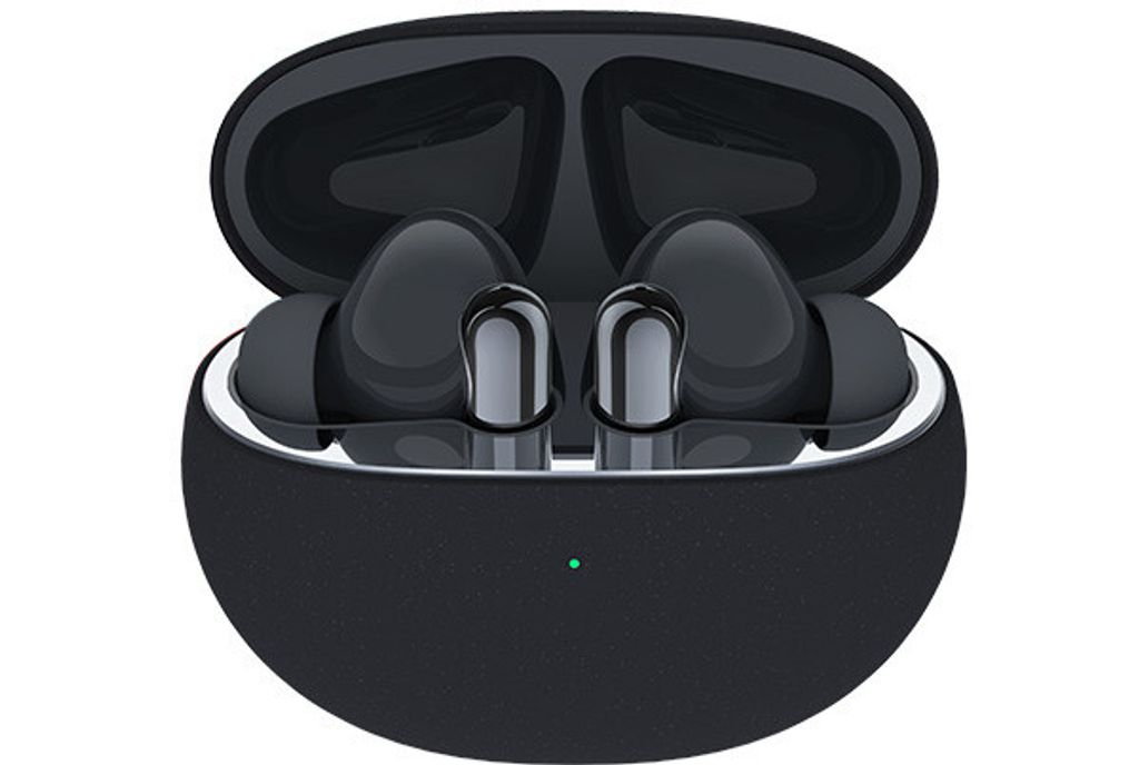 A pair of black wireless earbuds in their open charging case.