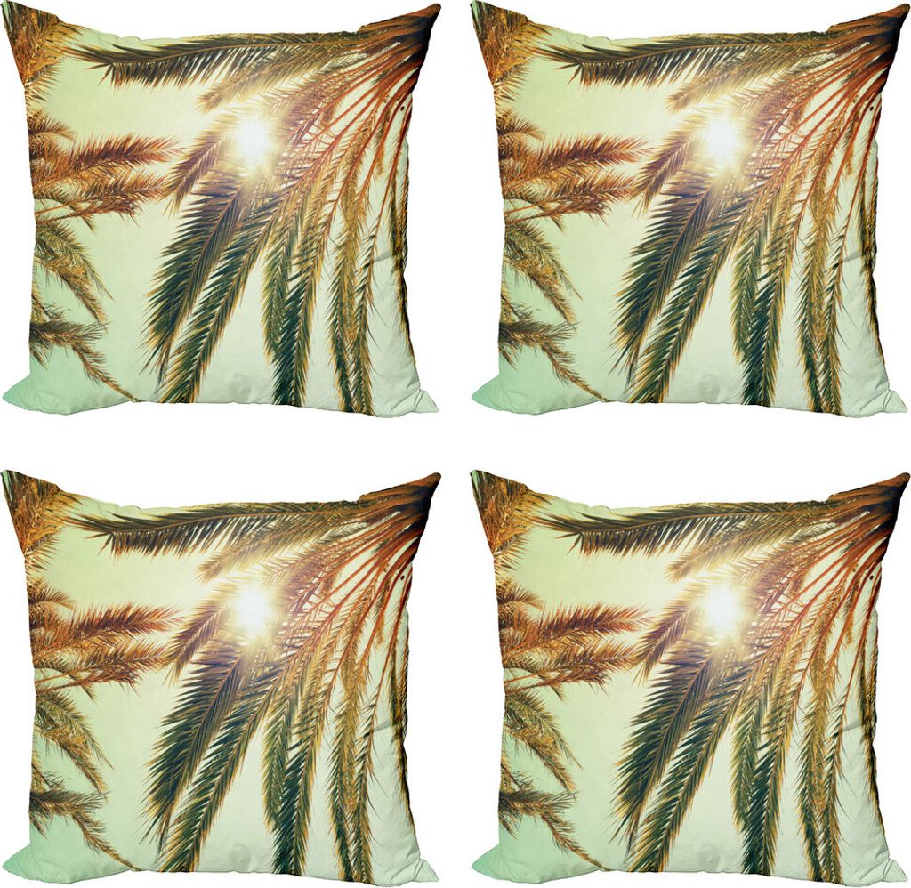 ABAKUHAUS Palmblatt Kissenbezug Set (4 Stück), Sunbeams-Baum Retro, Moderner Doppelseitiger Digitaldruck, 45 cm x 45 cm, grün orange