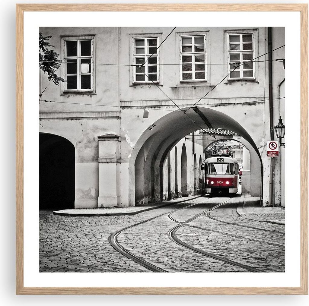 Gerahmtes Poster - Rahmen in heller Eiche - Tschechisch Straßenbahn Prag - 60x60 cm - Wand Bild - Wanddeko - Wandbilder - Wandposter - Bilderrahme...