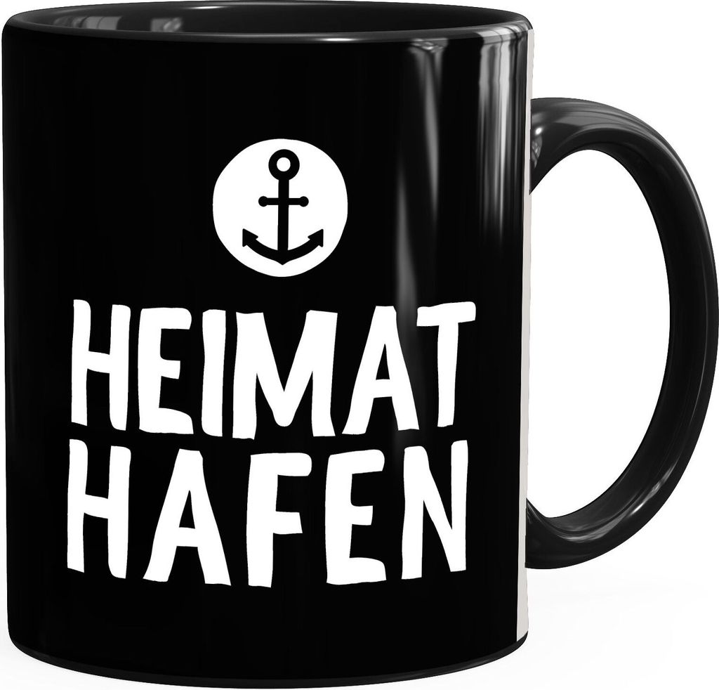 Kaffee-Tasse Aufschrift Heimathafen Anker Geschenk Partner Familie Freunde maritimes Motiv Moonworks schwarz unisize
