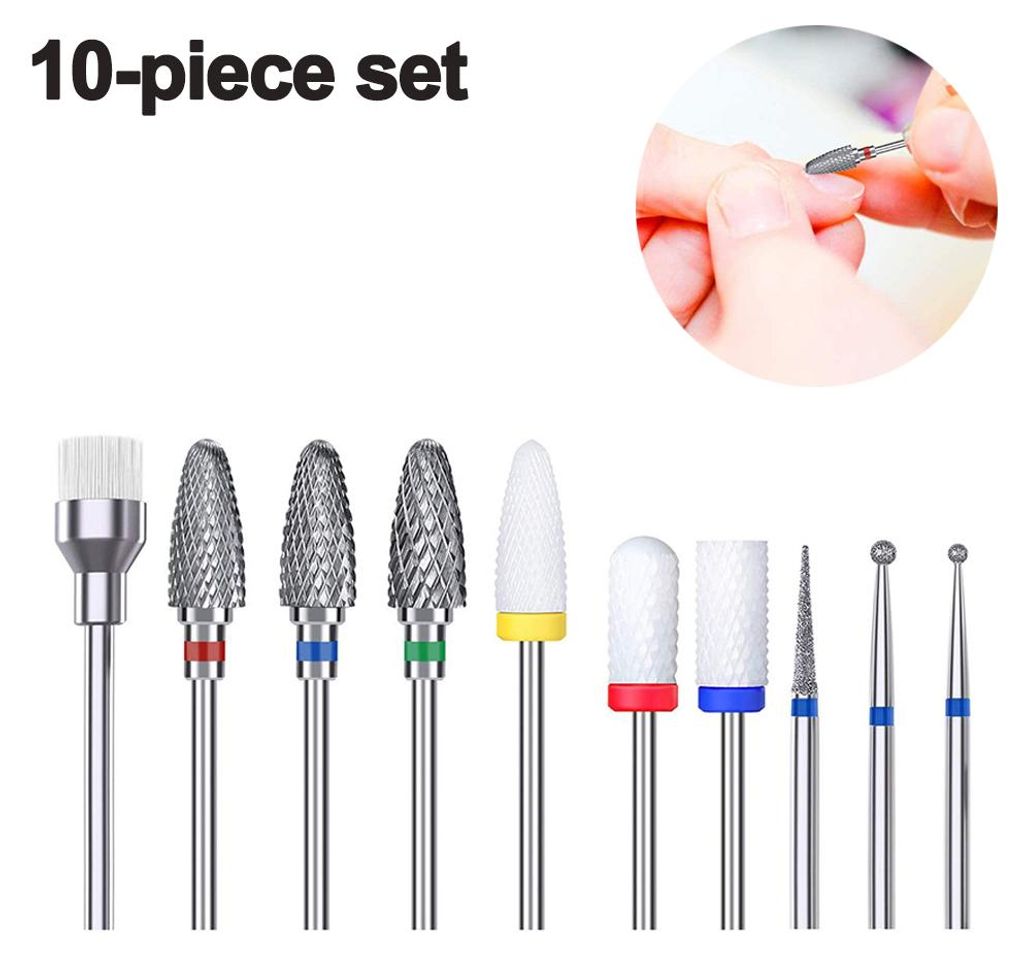 10-teiliges Nageldesign-Polierkopf-Set aus Wolframstahllegierung, hochwertiges Werkzeug zum Entfernen von Nagellack, Peelen, Polieren und Reinigen