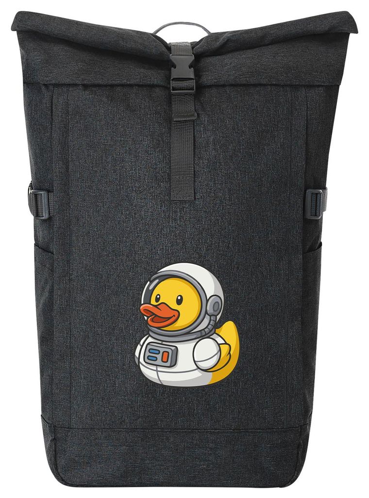 Huuraa Kurierrucksack Quietscheente Astronaut Gummiente Raumfahrer 30-44 Liter Black Melange Fairtrade Rolltop Rucksack Geschenkidee
