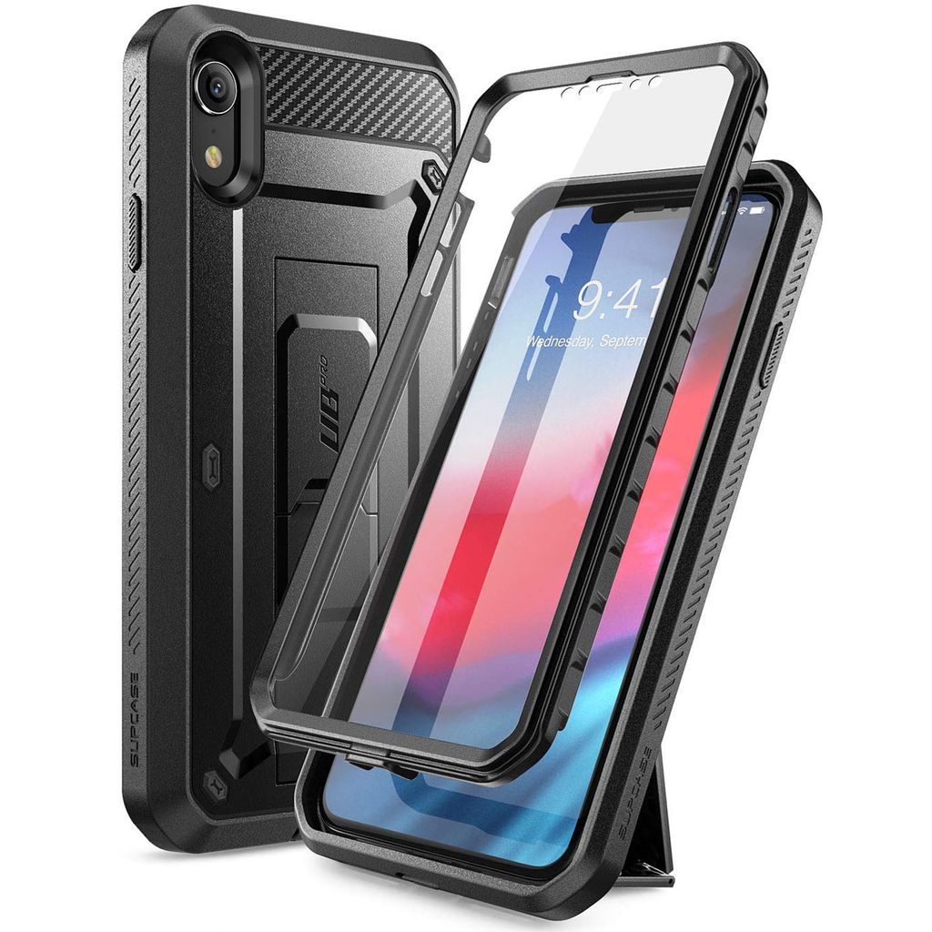 A black phone case with a clear screen protector is shown disassembled, with the phone inside the case.