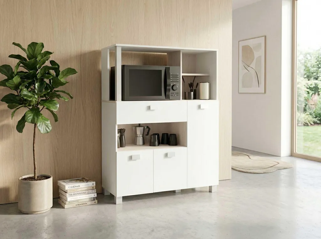 Aménager une petite cuisine avec le meuble micro-ondes Basiel blanc mat