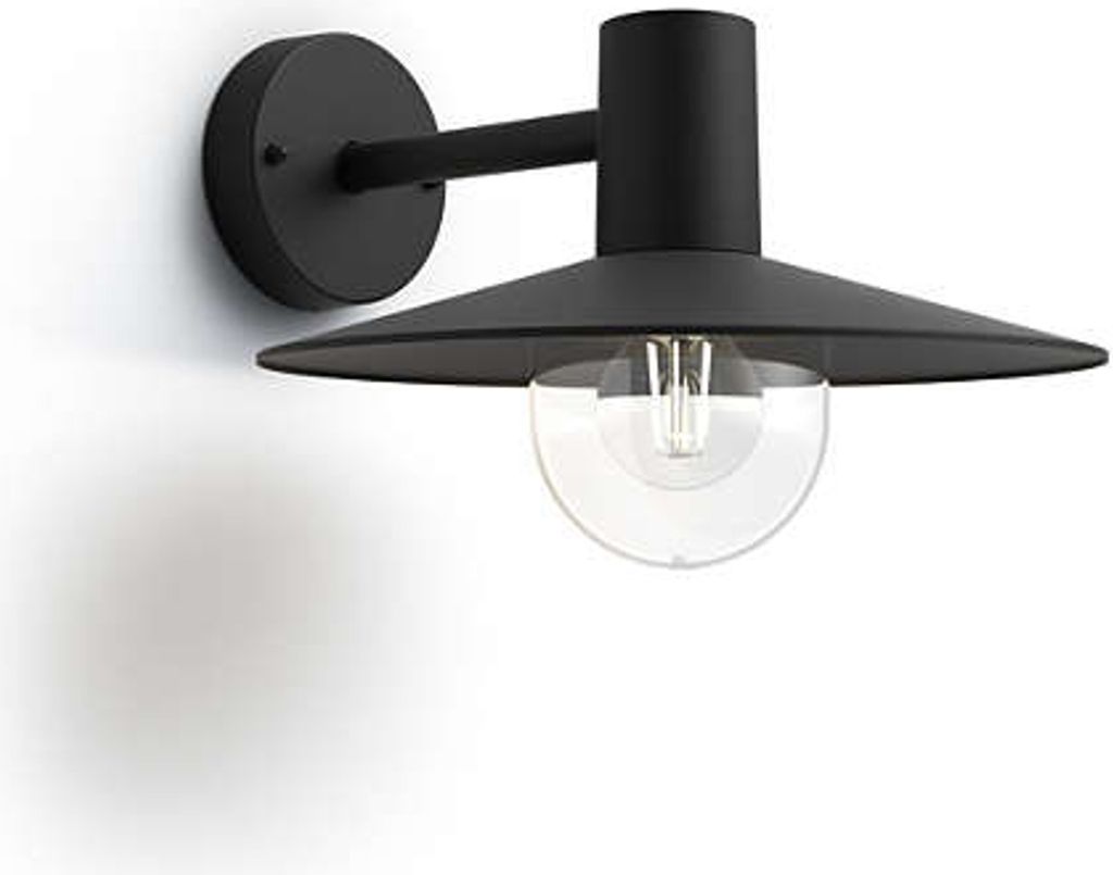 A black wall-mounted light fixture with a conical shade and a clear glass globe.