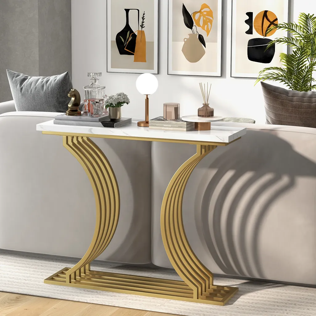 Console 100cm pour Entrée ou Salon - Métal Doré & Marbre Blanc