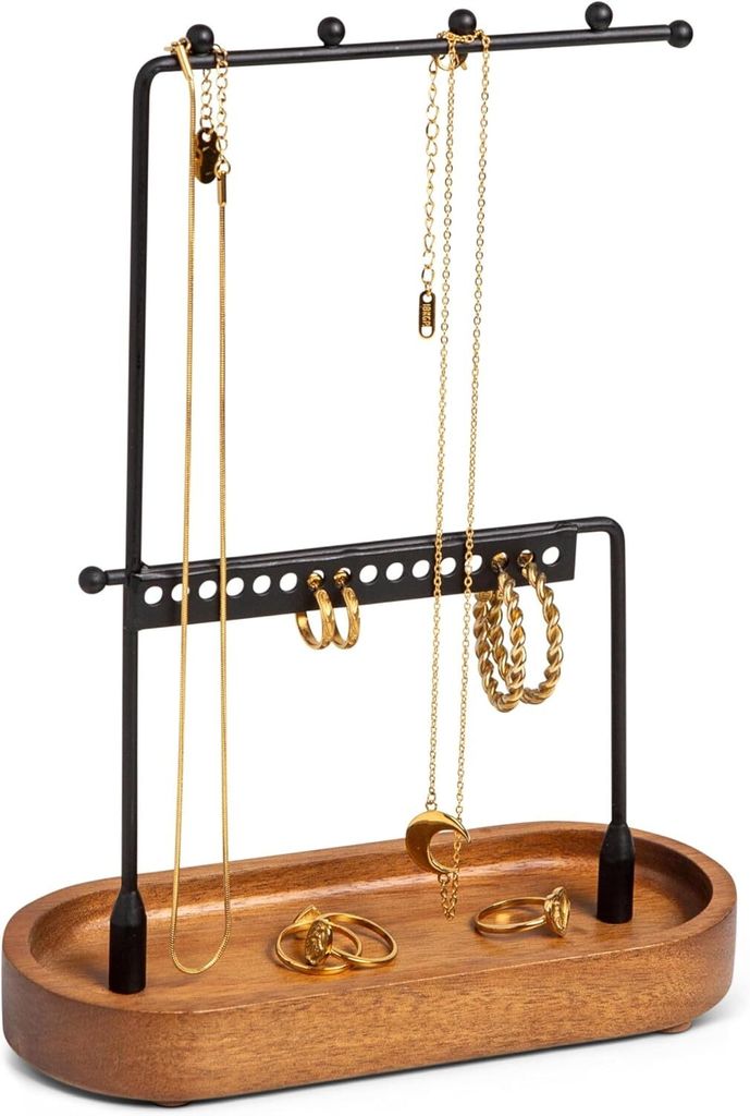 KOOK TIME Schmuckständer Klein mit Ablage aus Akazienholz, Ketten und Ringe