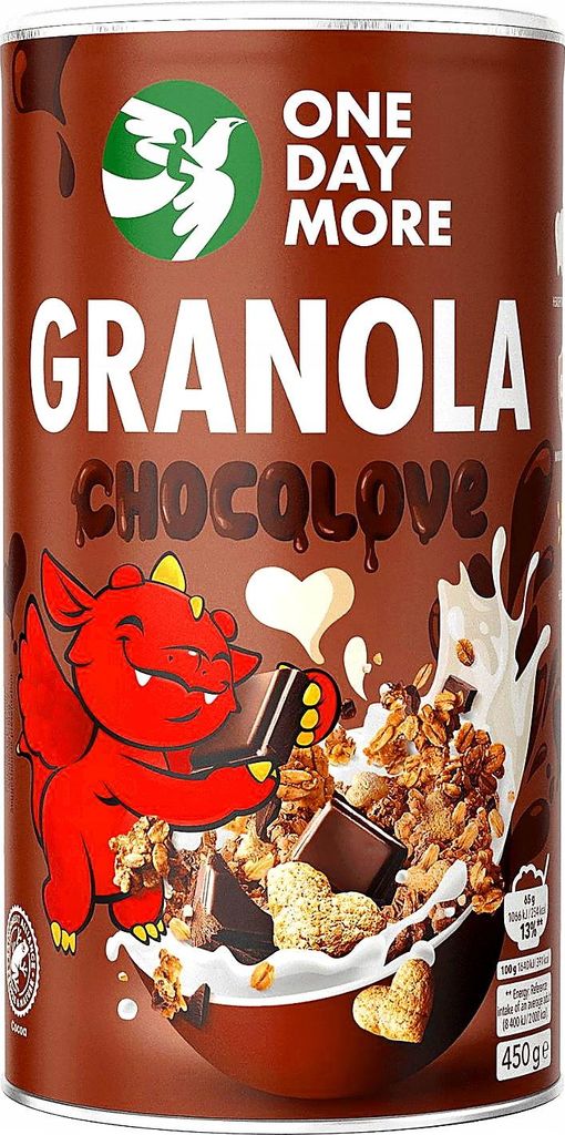 OneDayMore | Schoko Granola mit Honig 450g | Knuspermüsli für Kinder mit Schoko Herzen Frühstück