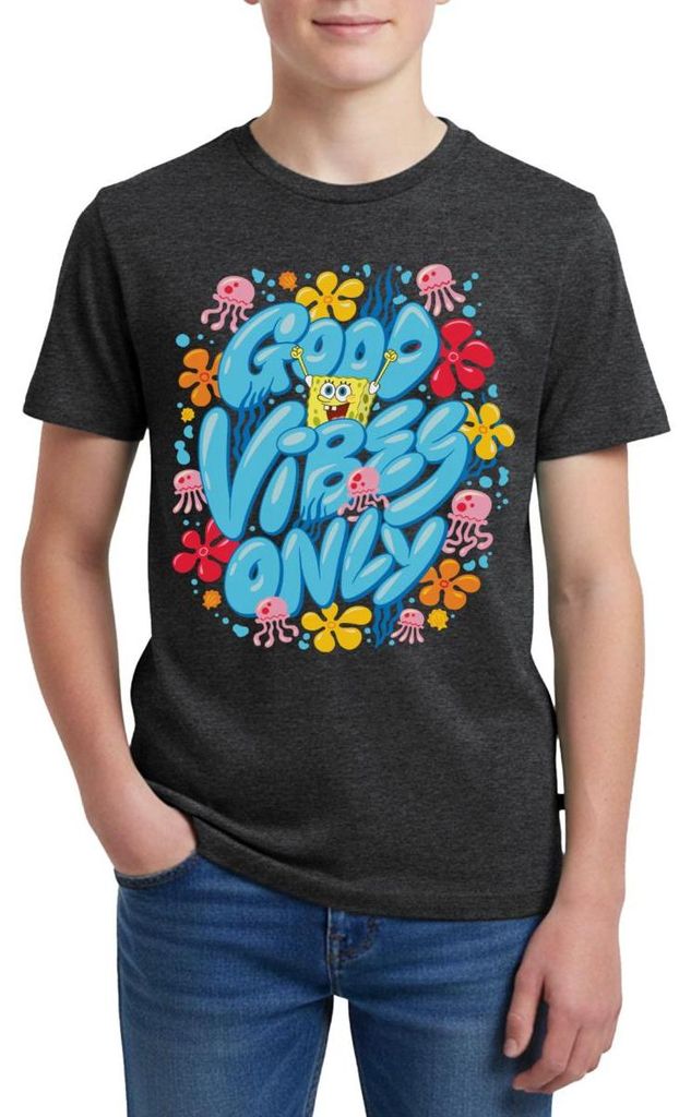 Spreadshirt Spongebob Schwammkopf Good Vibes Only Teenager Premium T-Shirt, 158/164 (12 Jahre), Anthrazit meliert