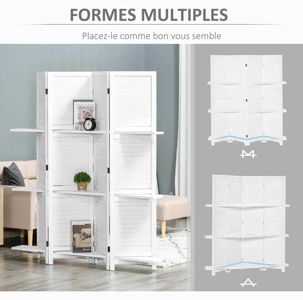 Cloison de séparation 160 cm en bois blanc avec 3 étagères intégrées - 9