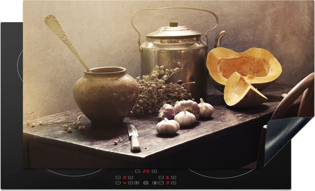 KitchenYeah Herdabdeckplatte Stilleben - Kürbis - Knoblauch - Pfanne - Tisch , 91x52cm, Küche Deko, Glaskeramikkochfeld Herdabdeckung, Abdeckpl...