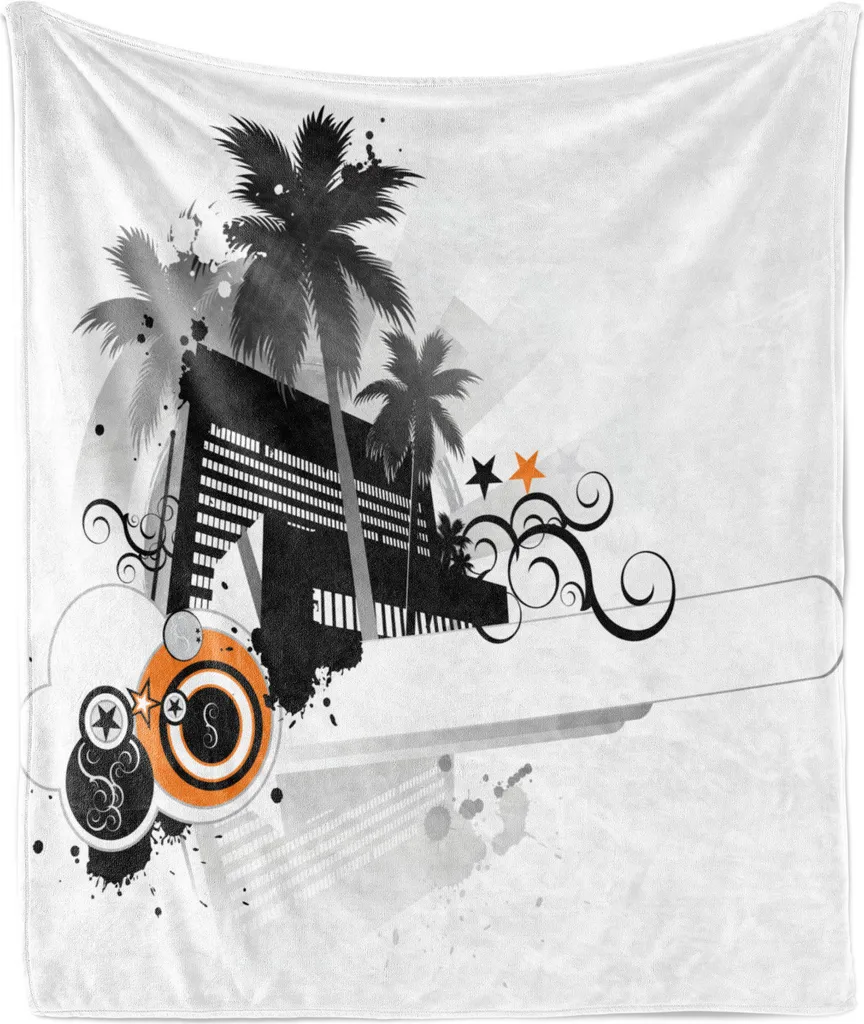 ABAKUHAUS La coperta in pile morbido e soffice, design moderno in stile grunge con palme e edifici urbani, 175 x 230 cm, bianco e grigio scuro