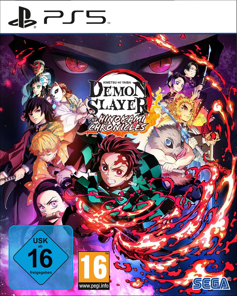 The image is the cover art for the video game 'Demon Slayer -Kimetsu No Yaiba- The Hinokami Chronicles' for PlayStation 5. It features various characters from the anime series.
