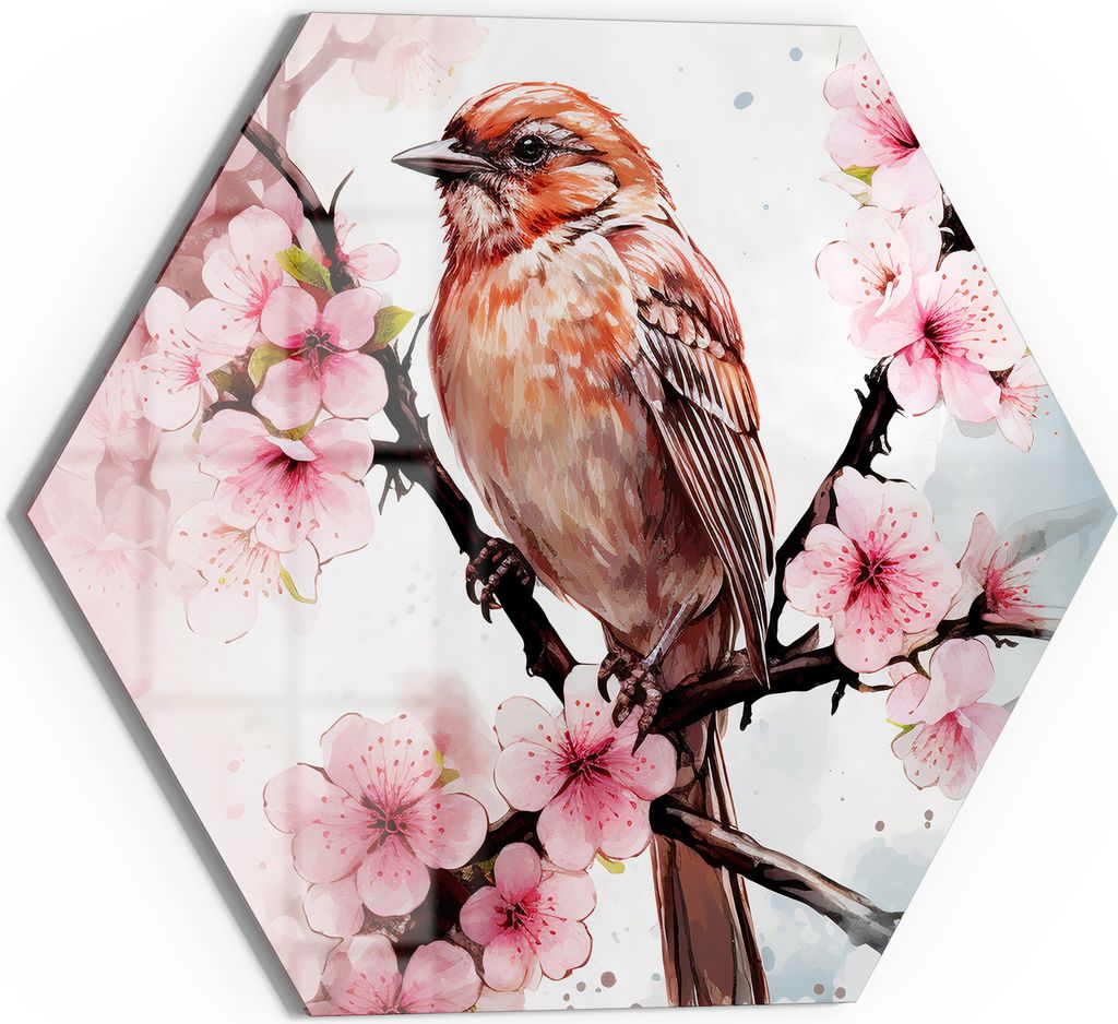 DEQOART Magnettafel Glas 55x48 cm 6-eckig 'Vogelzauber im Blütenmeer' beschreibbar Whiteboard Küche