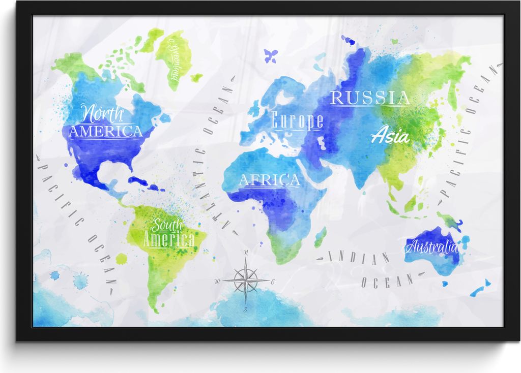 MuchoWow MuchoWow Gerahmtes Poster Weltkarte - Aquarell - Grün - Blau 60x40 cm - Poster mit zchwarzem Bilderrahmen - Printing - Wanddeko Schla...