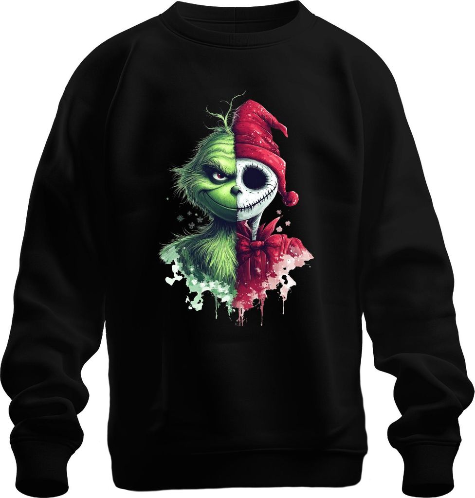 Grinch Jack Skellington Halbgesicht Weihnachten Grusel Halloween Uni Sweatshirt Pullover, Schwarz, 3XL