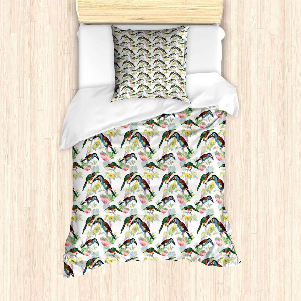 ABAKUHAUS Exotisch Bettbezug Set für Einzelbetten, Tukane auf Tropical Flora, Milbensicher Allergiker geeignet mit Kissenbezug, 135 cm x 200 cm - ...