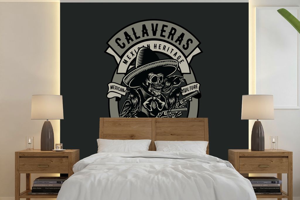 MuchoWow Fototapete für Wohnzimmer oder Schlafzimmer Wandtapete Vinyl Motivtapete Polizei - Pistole - Skelett - Vintage - 350x350 cm - Schlafzim...