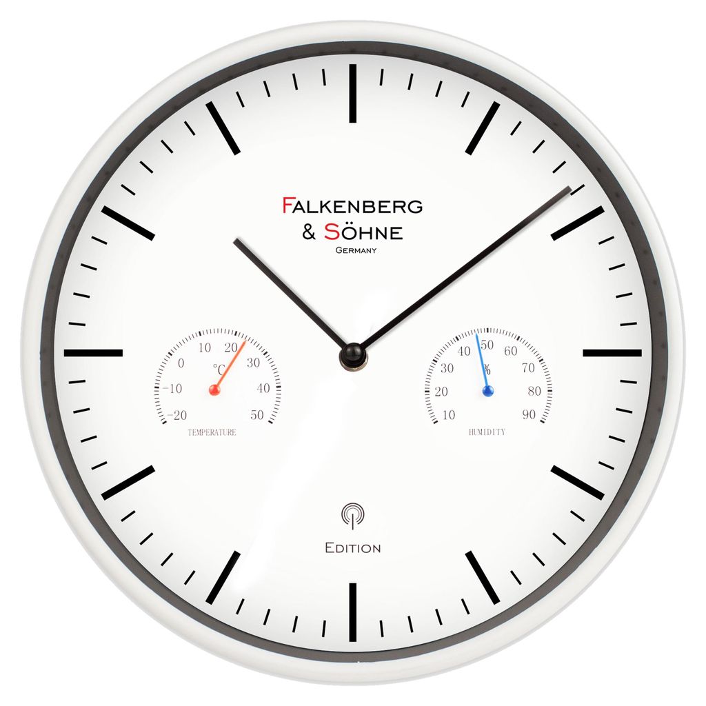 A white wall clock with two analog gauges and hands indicating time, temperature, and humidity.