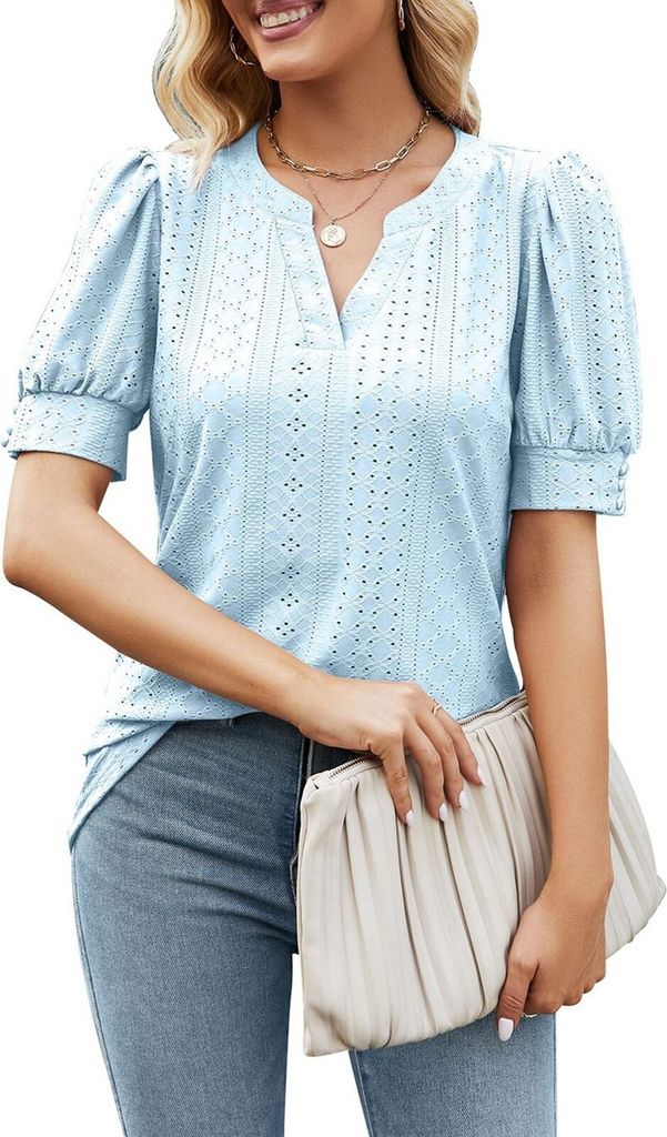 ASKSA Damen T-Shirt Puffärmel Aushöhlen Bluse V-Ausschnitt Sommer Kurzarm Shirts Einfarbig Lose Tops, Himmelblau, XL