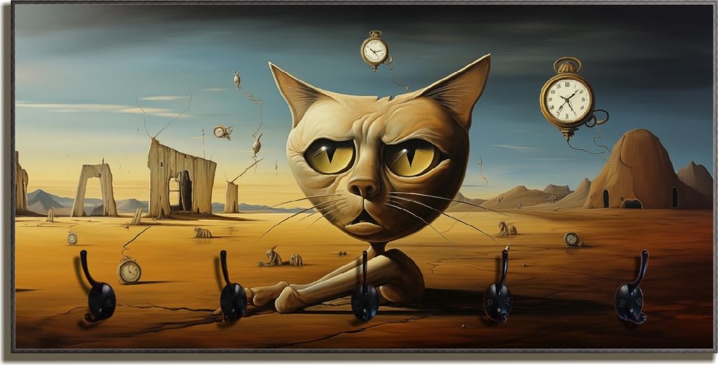 Wallario Flurgarderobe Wandgarderobe aus Holz, mit 5 Haken, Größe 80 x 40 cm, Motiv Katze als Zeitwächter