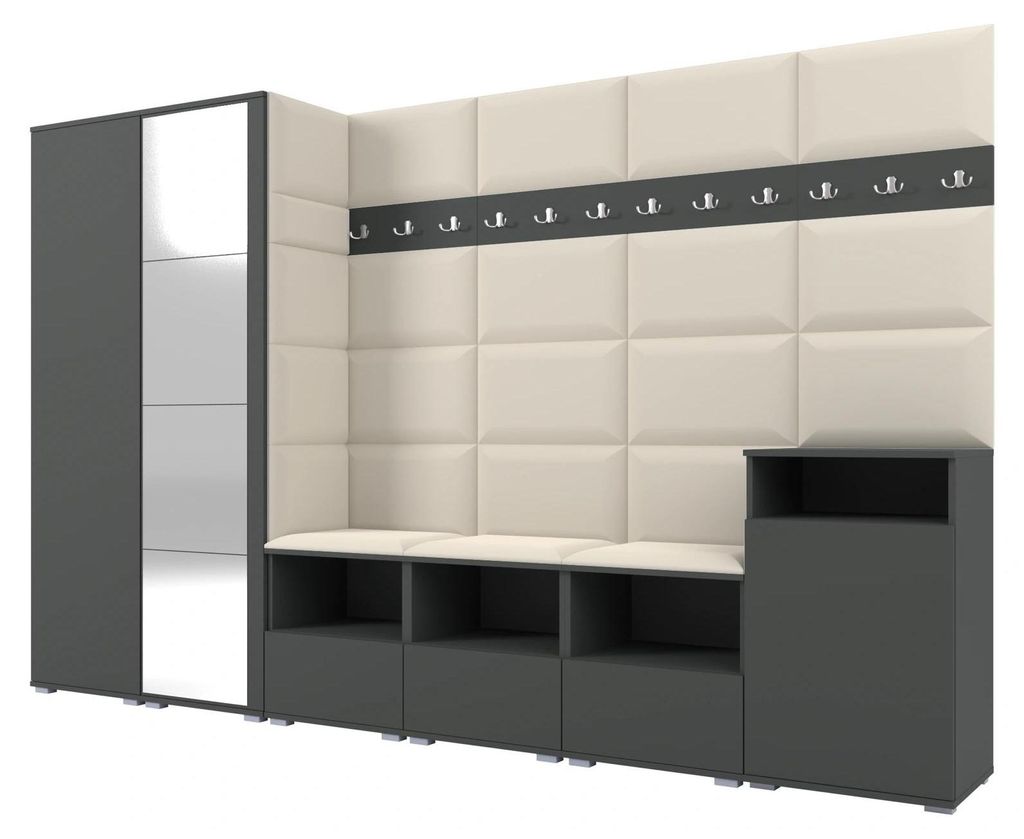 Garderobe NELA XII 300 cm Modulare Flurmöbel Graphit mit Spiegel & Sitzpolster Creme 01 (Gigantisches Set)