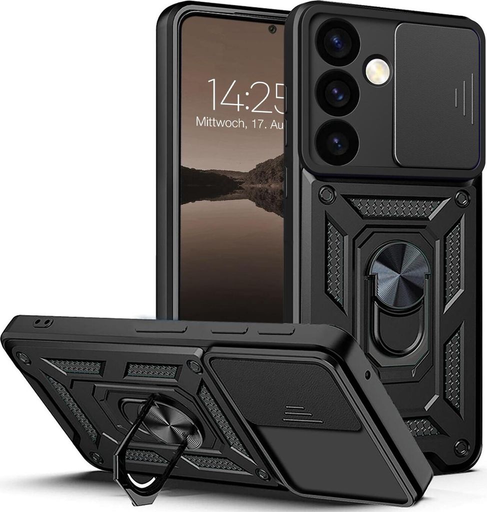 A black armor phone case with a sliding camera cover and a ring holder, shown from multiple angles.