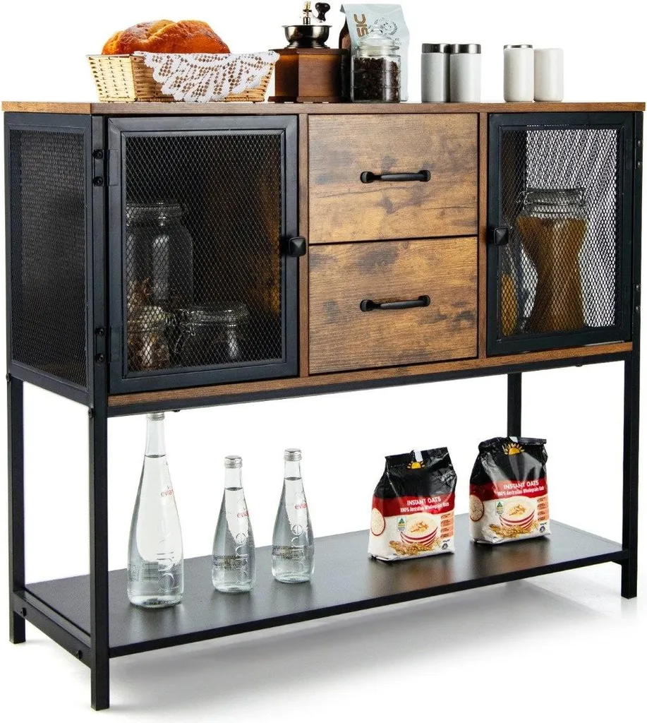 Meuble de Rangement en Métal et Bois avec Portes en Maille et Tiroirs