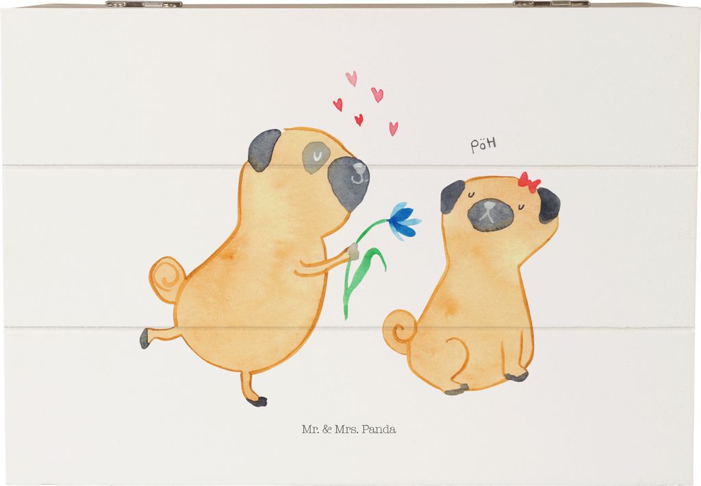 Mr. & Mrs. Panda Box Mops Verliebt 22 x 15 cm - Weiß - Geschenk, Holzkiste mit Deckel, Knuffig, Liebe, Hund, kiste holz, Schatzkiste, Sprüche, Ge...
