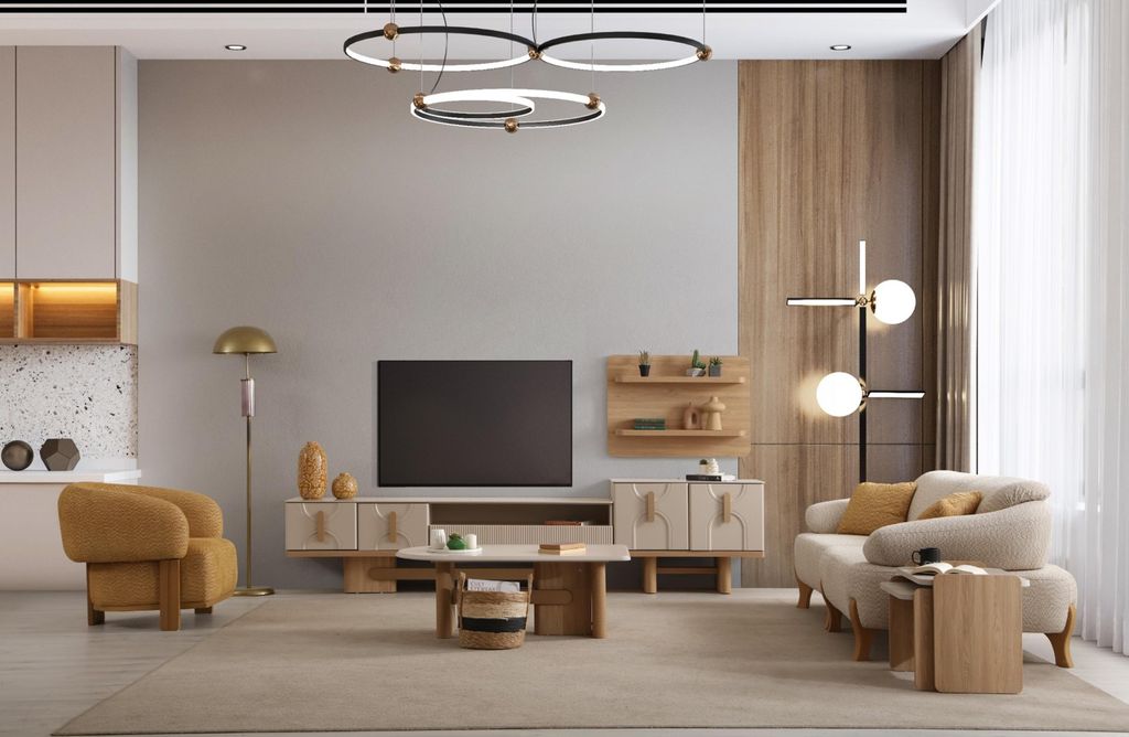 Beiges Wohnzimmer Set Designer TV-Konsole Holz Möbel