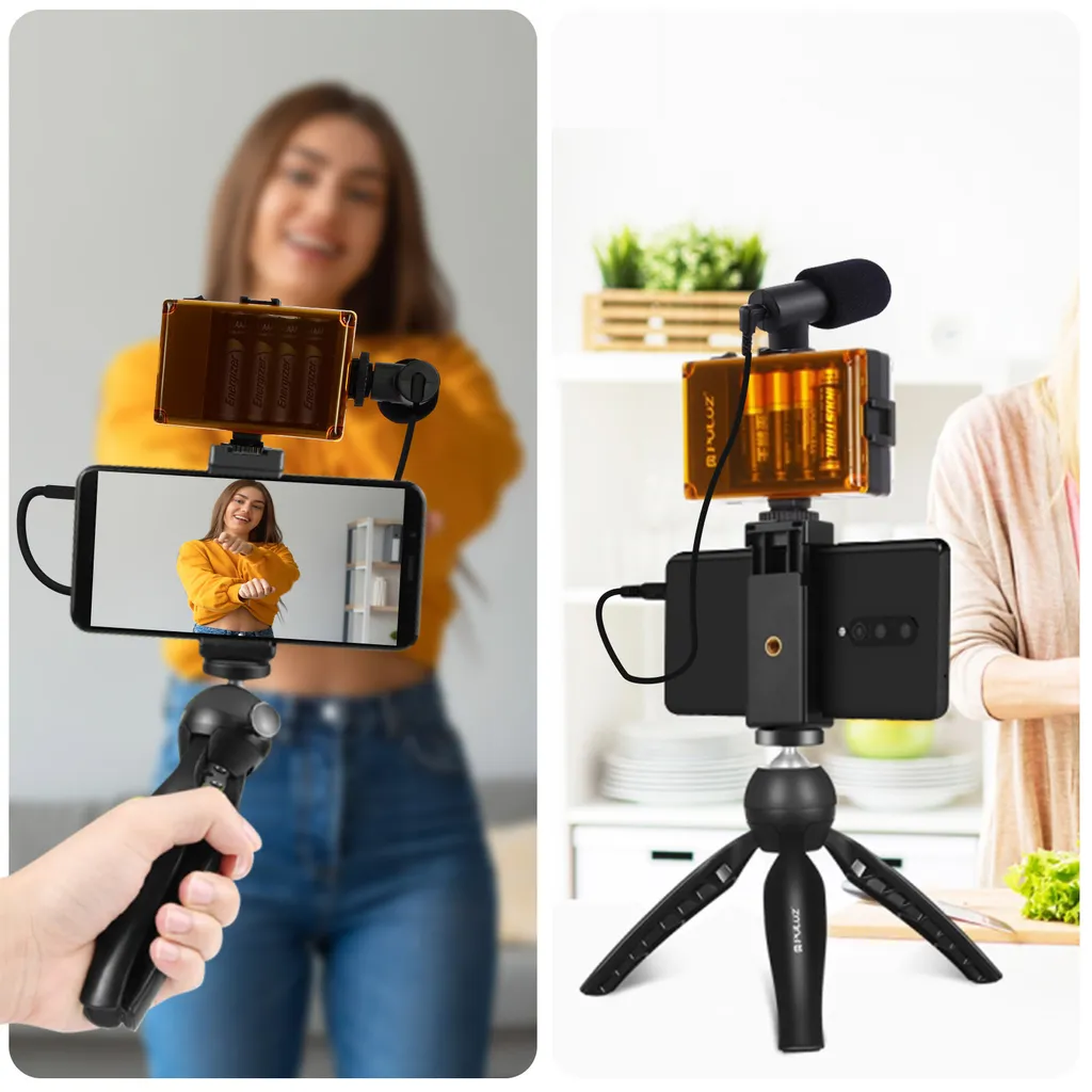 Kit vlogging Puluz : trépied stable, micro cardioïde et lampe réglable