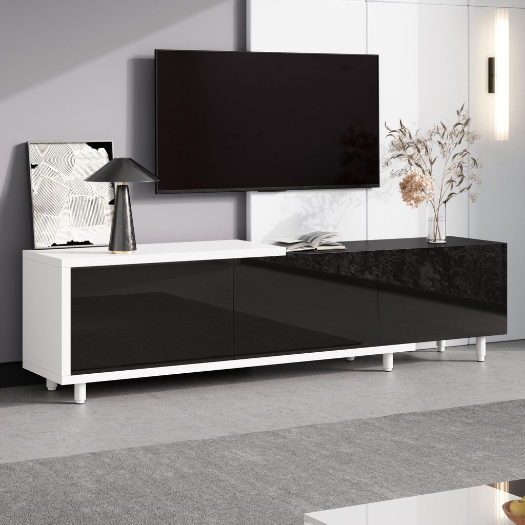 MODFU TV-Schrank Ausziehbarer Lowboard TV-Regal mit Drei Hochglanz-Türen und Metallfüßen,Fernsehbank,modernes Design,Spanplatte,Weiß & Schwarz