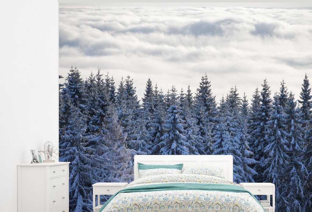 MuchoWow Fototapete für Wohnzimmer oder Schlafzimmer Wandtapete Vinyl Motivtapete Fichtenwald in Norwegen im Schnee - 325x260 cm - Tapete