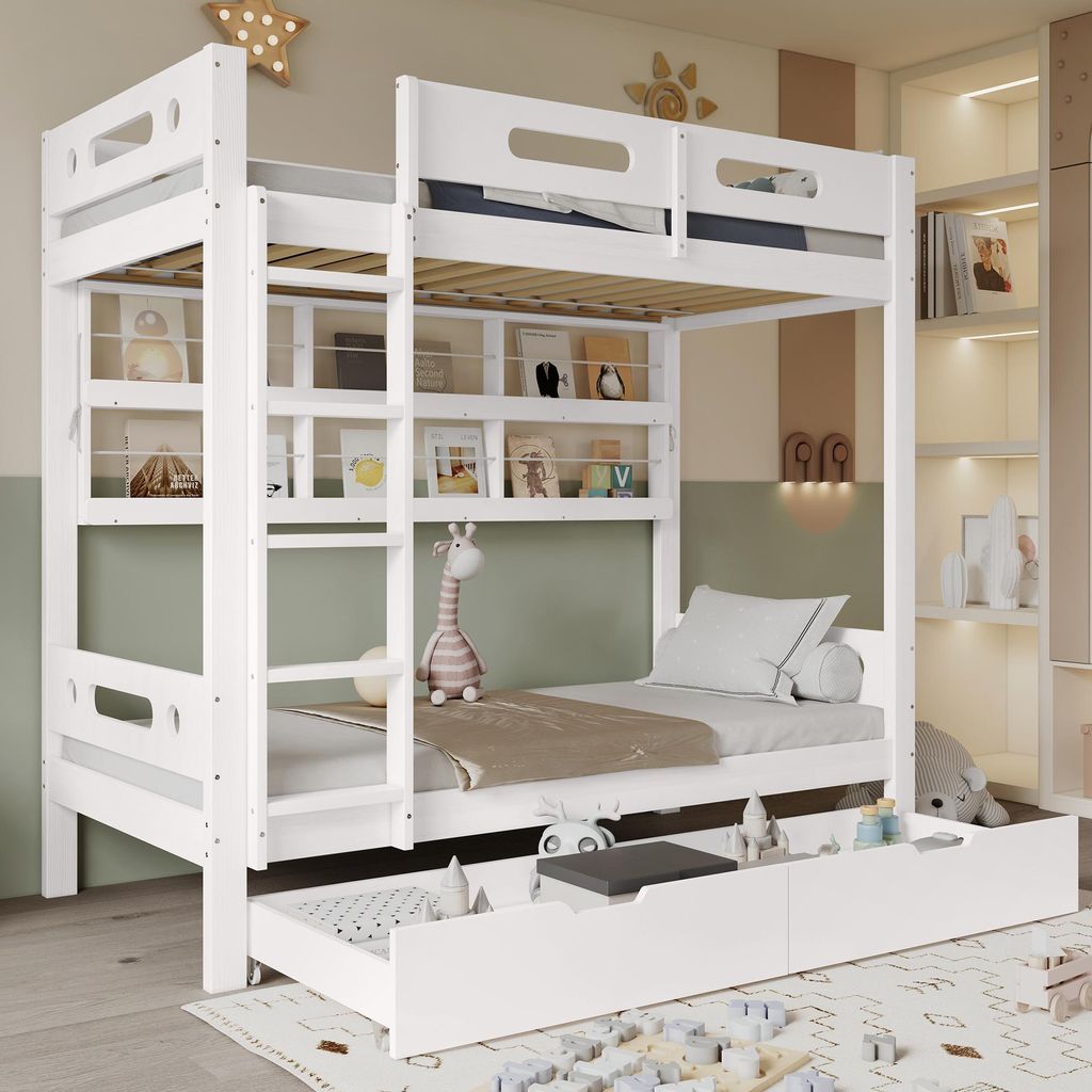 STILVORA Etagenbett 90x200 mit Zwei Rollenschubladen,Jugendbett mit Fallschutzgitter & offenes Regal,Kinderbett Weiß(ohne Matratze)