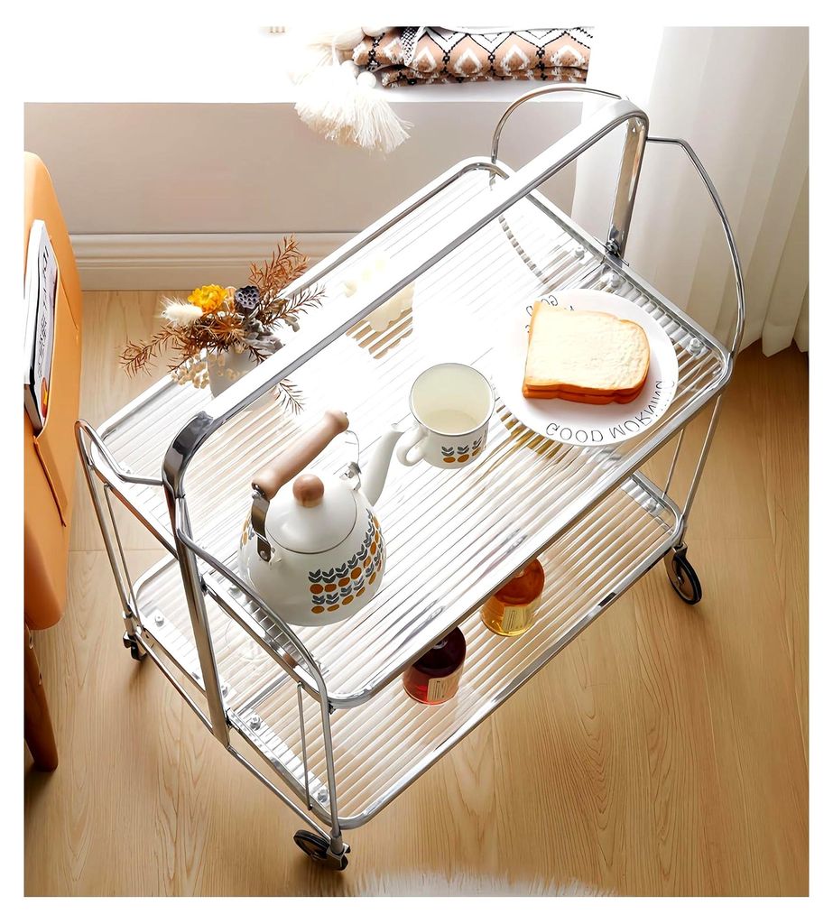 Klappbarer Servierwagen mit Rädern, 2 Ebenen aus klarem gehärtetem Glas, mobiler Aufbewahrungswagen, Küchenrollwagen, Barwagen, Teewagen, Weinwa...
