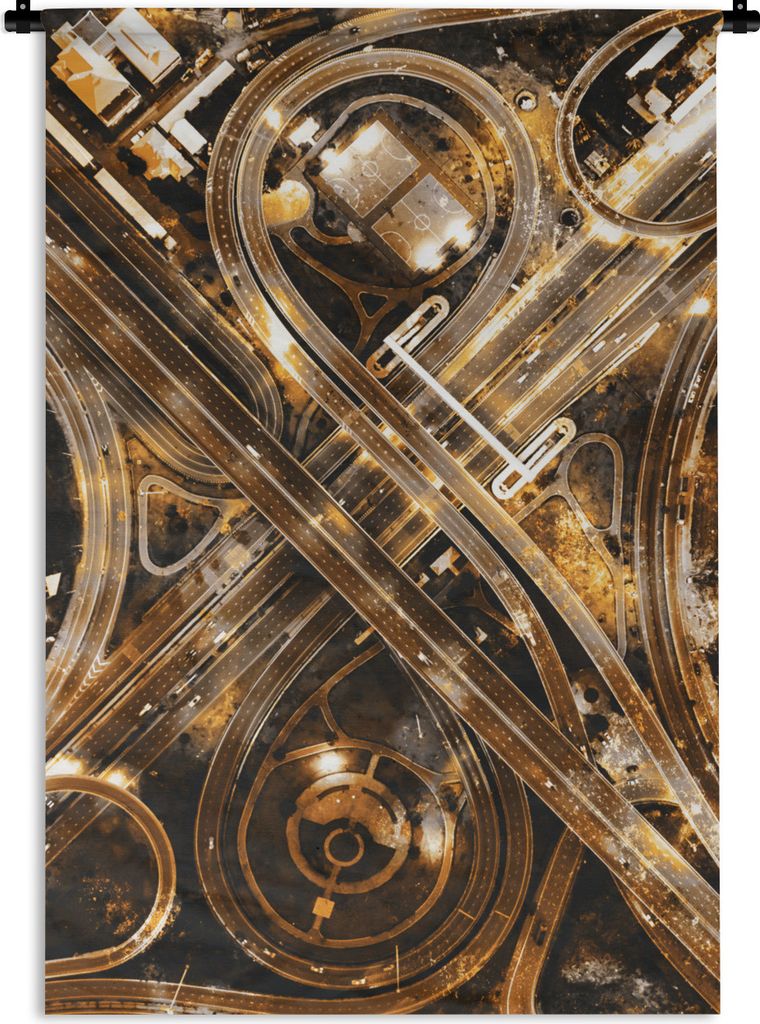 MuchoWow Wandteppich Wandbehang Gold - Autobahn - Städte 90x135 cm Tapisserie Dekoration Wandtuch - Baumwolle - Wandskulptur