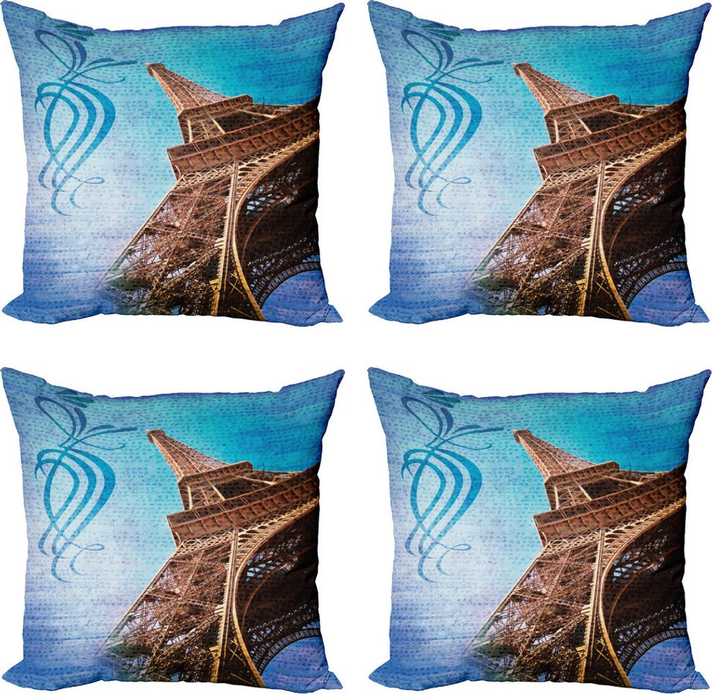 ABAKUHAUS Paris Kissenbezug Set (4 Stück), Tilt Schuss Eiffelturm Reise, Moderner Doppelseitiger Digitaldruck, 60 cm x 60 cm, Blau und Brown