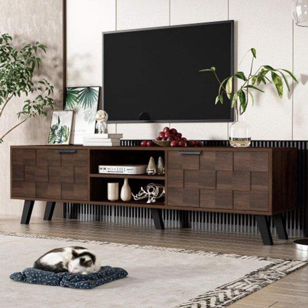 Moderner TV-Ständer mit 2 Türen und 2 offenen Fächern – 160,5 x 35,5 x 45 cm, braun