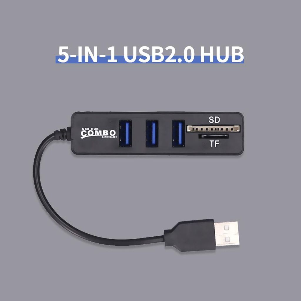 5-in-1-Multifunktions-USB2.0-Hub-Konverter mit TF-SD-Kartensteckplätzen, unterstützt USB-Lüfter, Maus, Tastatur, mobile Festplatte U, Schwarz