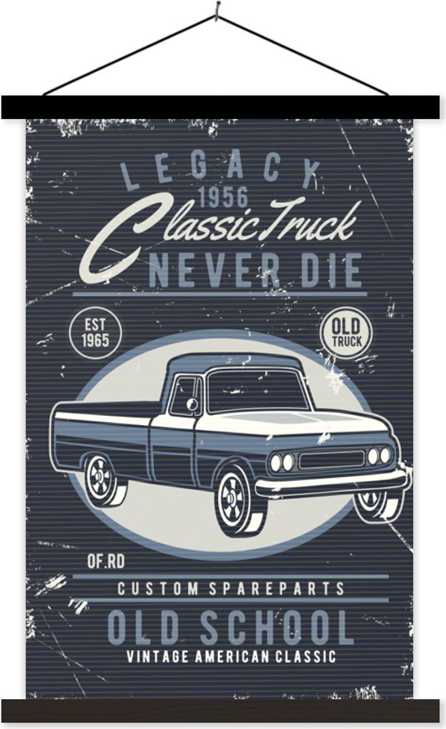 MuchoWow Textilposter Lkw - Retro - Blau - Zeichnung 40x60 cm mit schwarzem Rahmen - Wanddekorationen