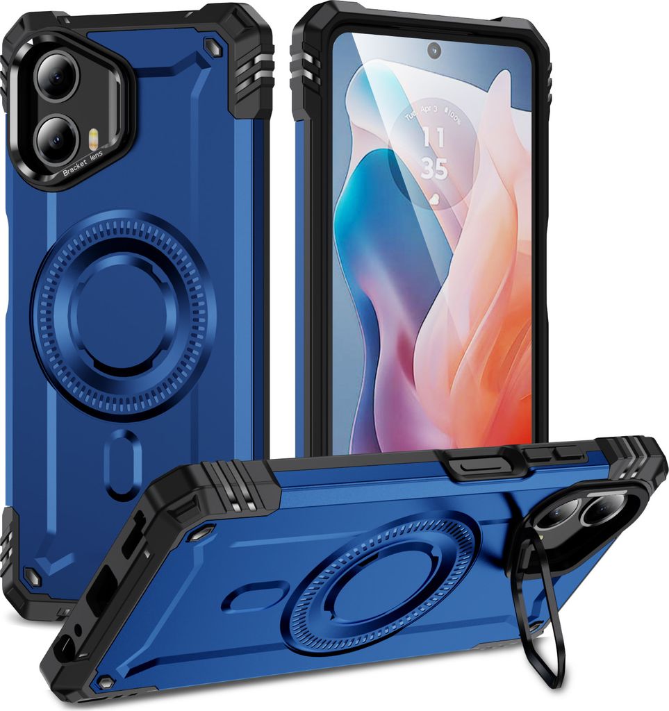Magnetisch Hülle für Motorola Moto G (2024)/Moto G Play (2024) 5G, Heavy Duty Militärischer Stoßfest Handyhülle Kamera-Ringständer Blau