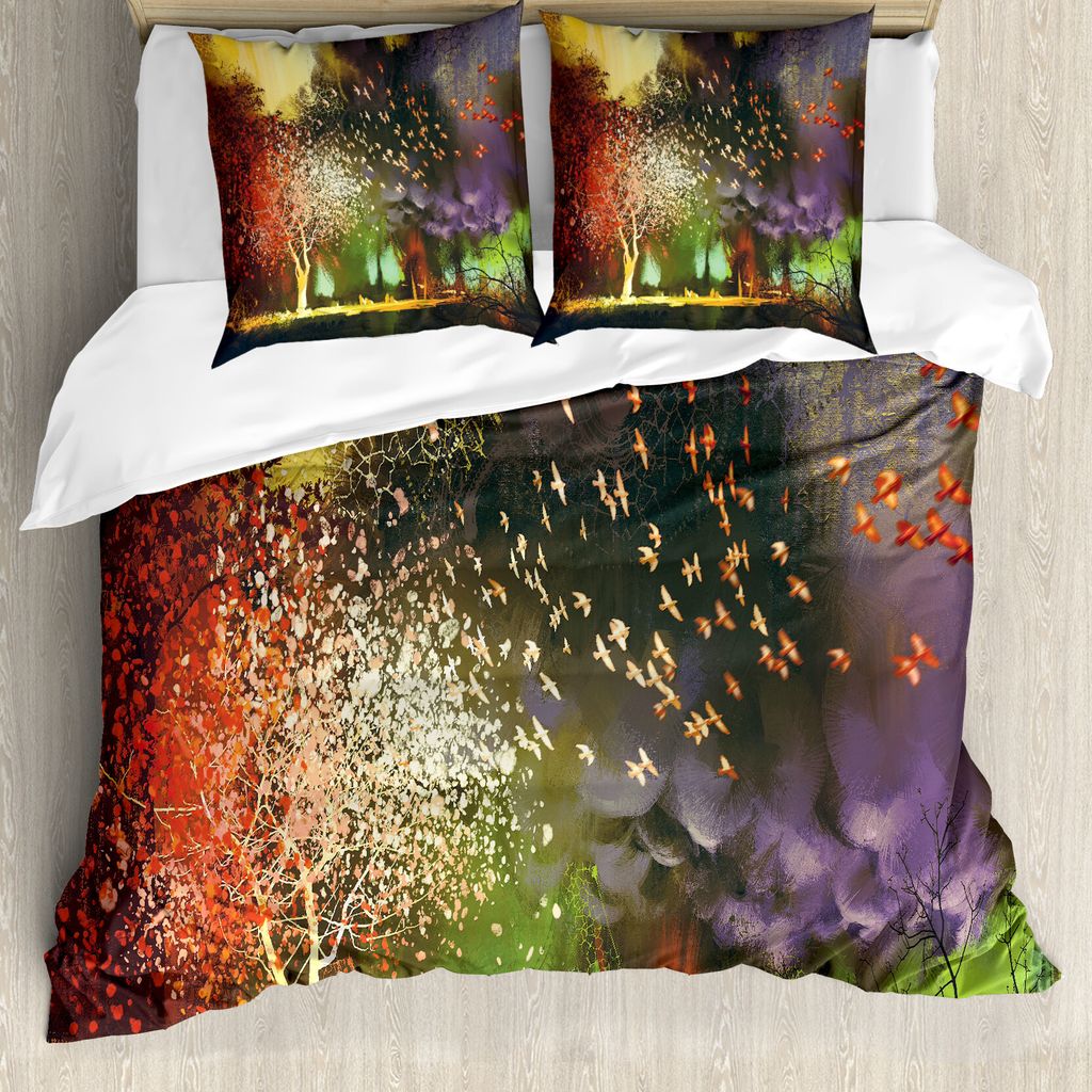 ABAKUHAUS Fantasie Bettbezug, Mysterious Bäume Vögel, Milbensicher Allergiker geeignet mit Kissenbezügen, 155 cm x 220 cm - 80 x 80 cm, gelb Lila